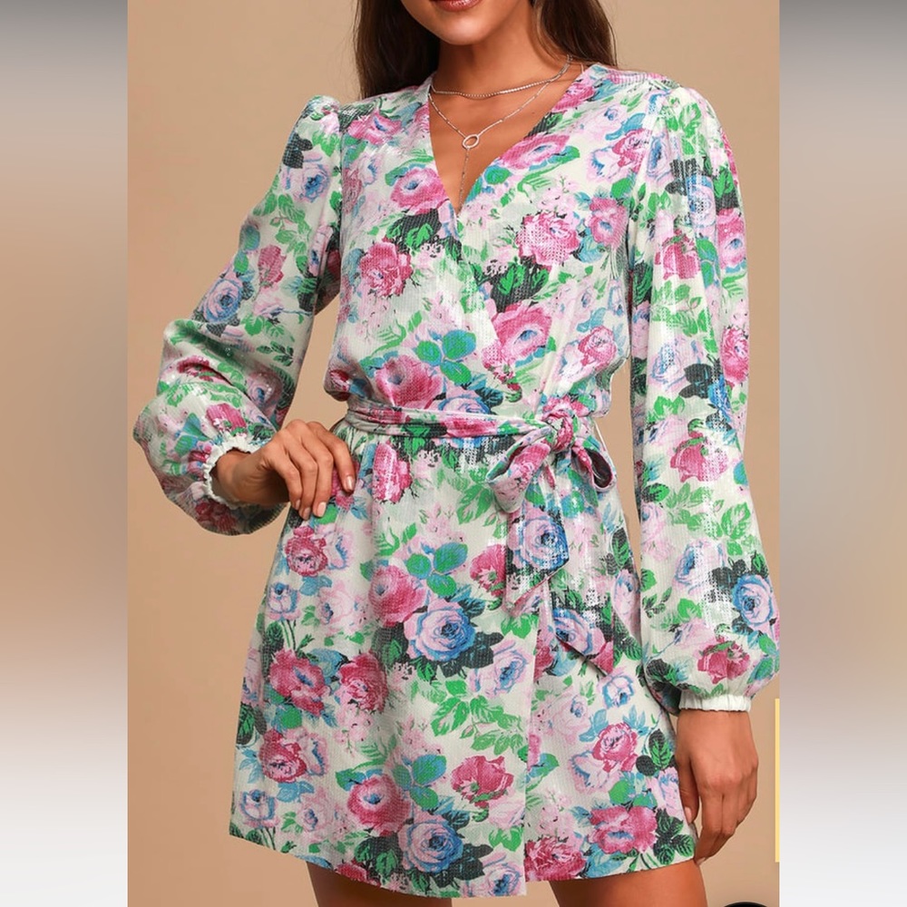 Wayf - Loretta Sequin Floral Wrap Dress